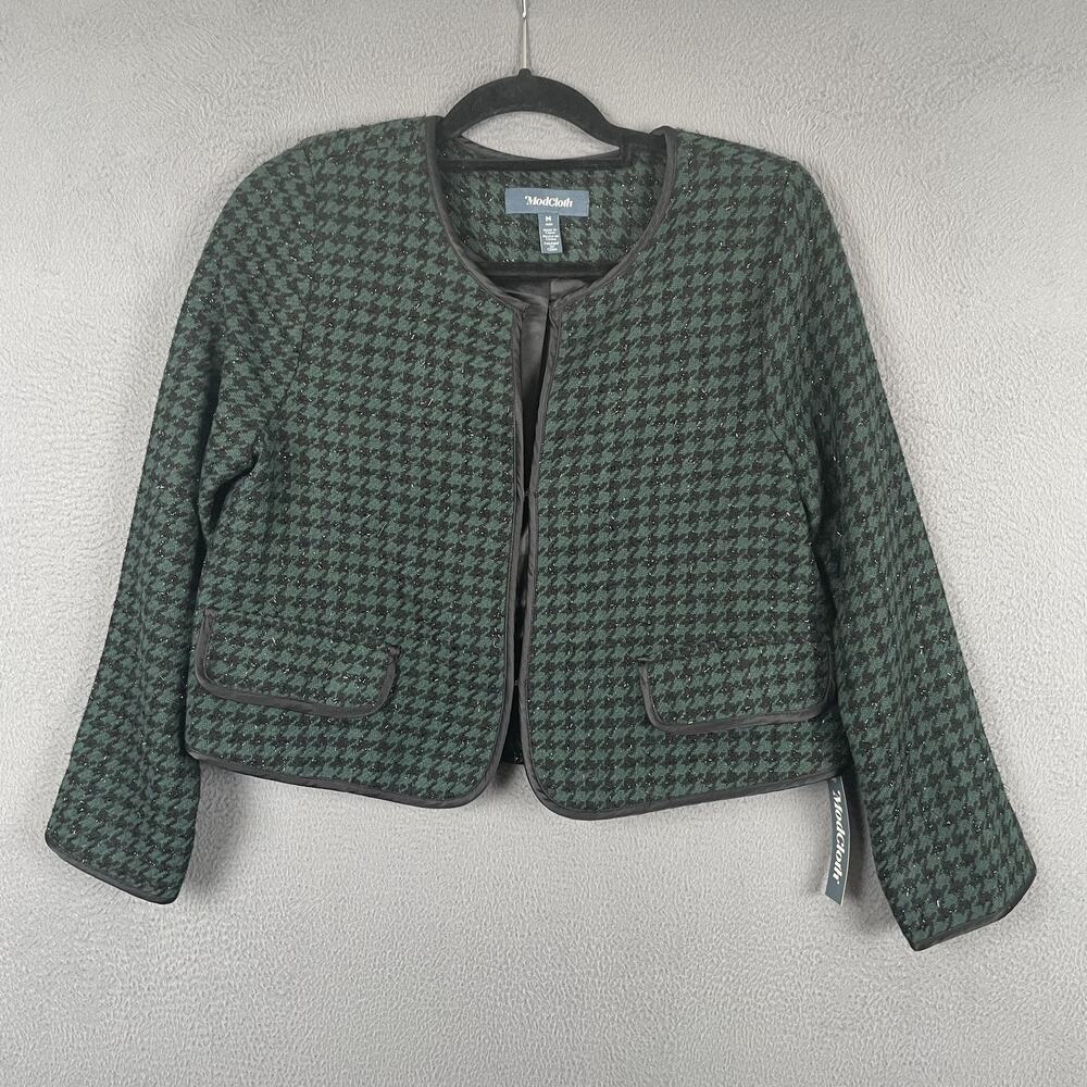 ModCloth Jacket Womens M Green Check Tweed Lined Houndstooth Pockets Short